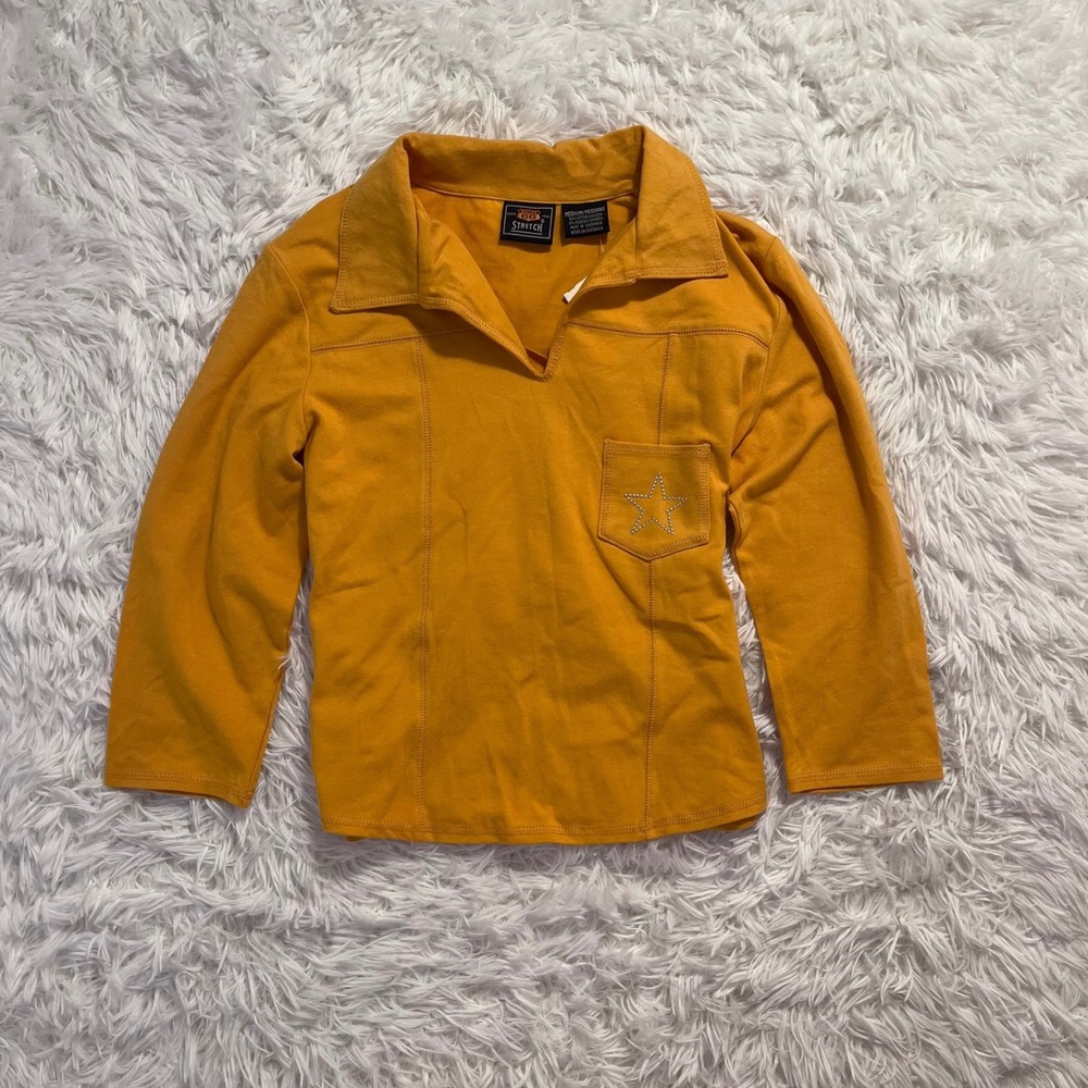 🍟y2k deadstock orange star rhinestone 3/4 sleeve cotton top medium